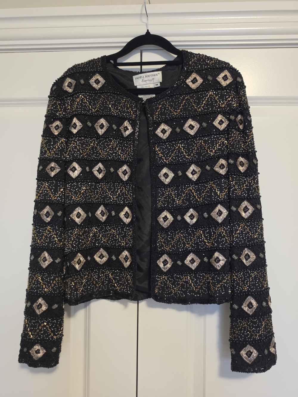 VINTAGE PAPÉLL BOUTIQUE 100% SILK BEADED EVENING JACKET BLACK GOLD SIZE M